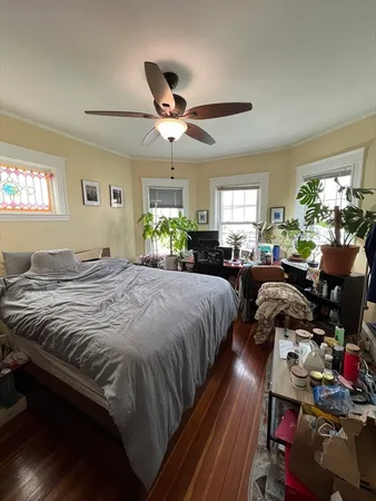 a bedroom with a bed ceiling fan and a window