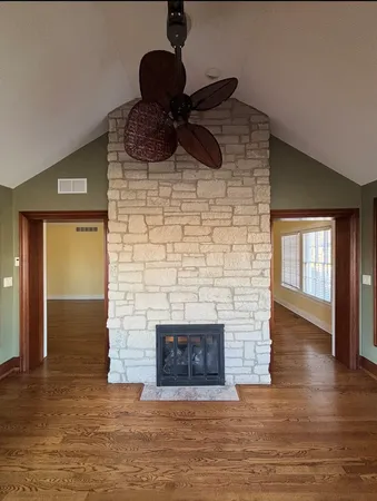 a living room with a fireplace