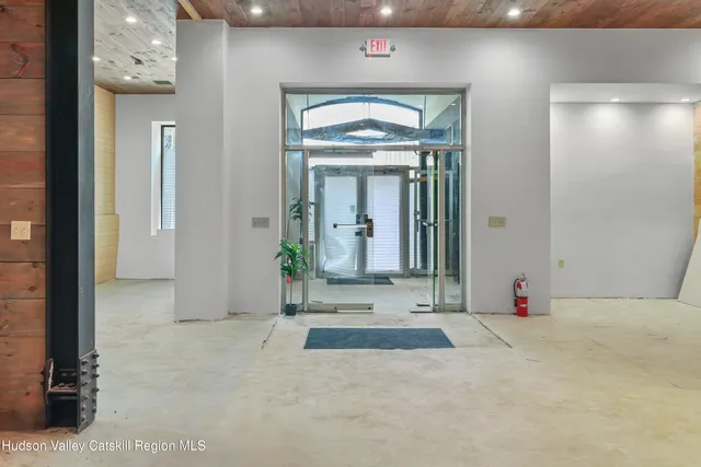 a front view of a building and a street