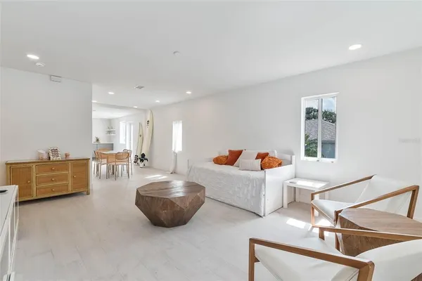 a living room with furniture and white walls