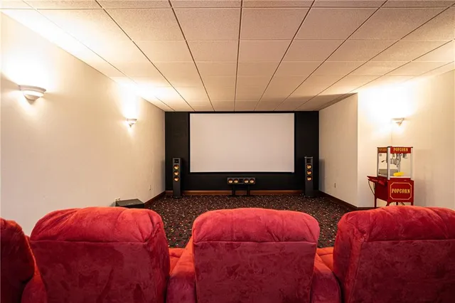 a living room with furniture and a projector screen
