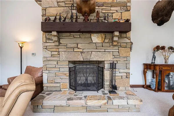a living room with fireplace furniture and a fireplace