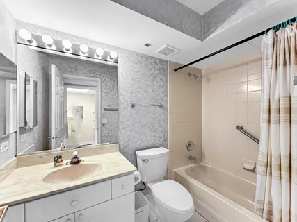a bathroom with a sink a toilet a mirror a vanity and shower