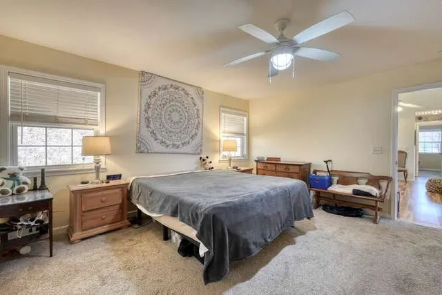 a bedroom with a bed and a chandelier