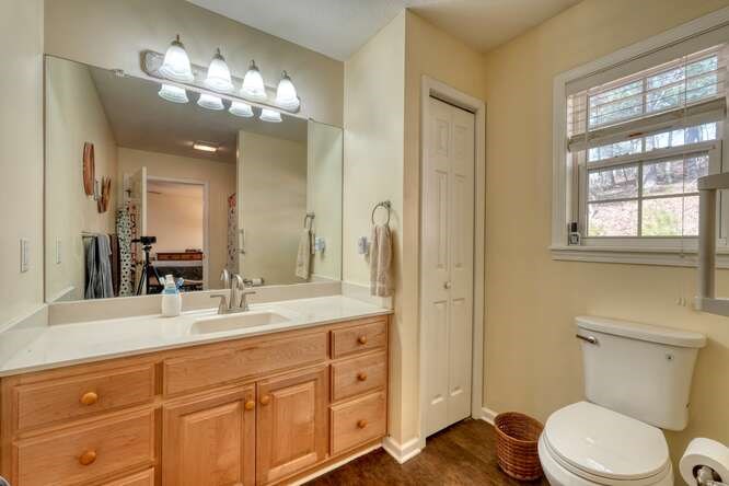 756 Doc Jones Road Blairsville, GA 30512 - Photo 34 of 46 a bathroom with a granite countertop sink a toilet and a large mirror