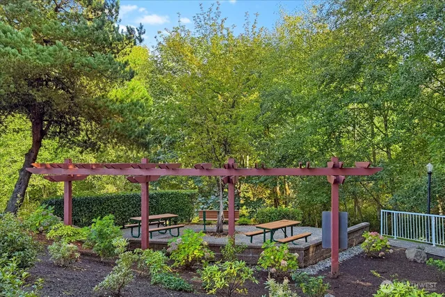 a view of a chair and table in the garden