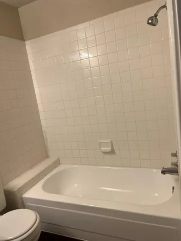 a bathroom with a bathtub and a toilet