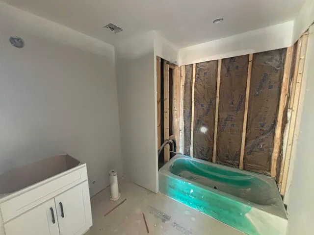 a bathroom with a shower and a sink