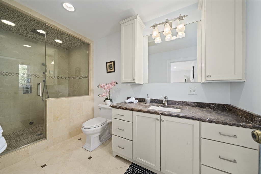 447 Dudley Road Newton, MA 02459 - Photo 20 of 42 a bathroom with a granite countertop sink a toilet and a mirror