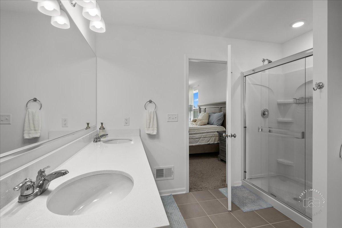 1313 Endicott Road South Elgin, IL 60177 - Photo 13 of 20 a en suite bathroom with a sink a mirror and shower
