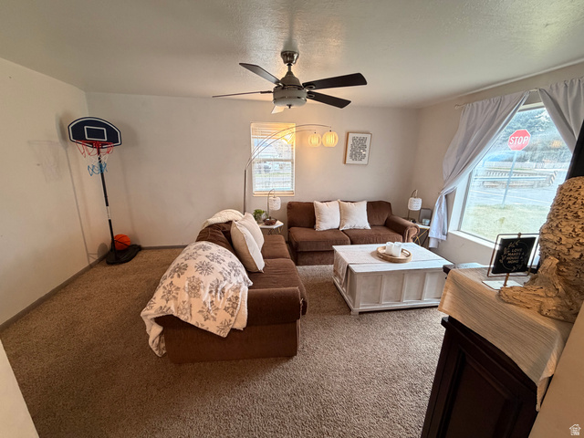 110 South 200 East Springville, UT 84663 - Photo 2 of 23 Living area featuring ceiling fan, carpet flooring, and a textured ceiling