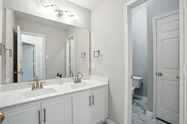 a bathroom with a sink double vanity and a toilet