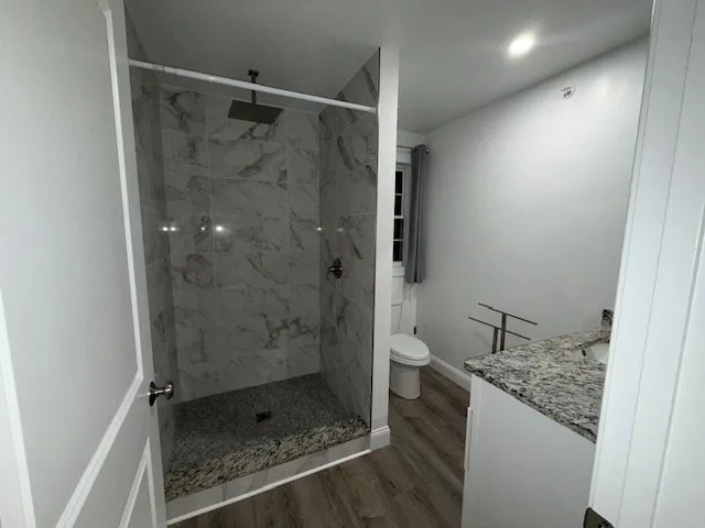 a bathroom with a granite countertop shower and a sink