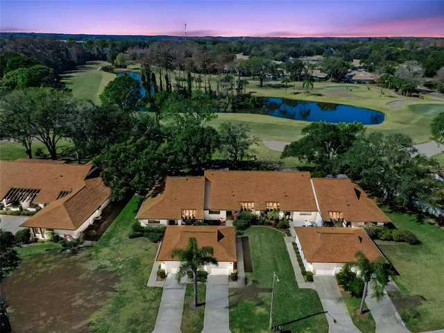 an aerial view of a house with a yard and lake view