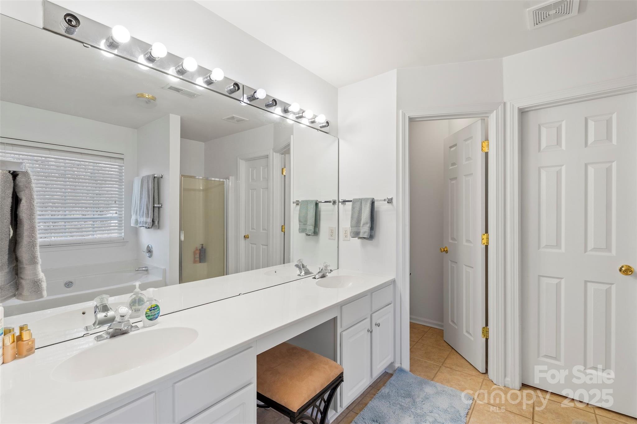 11730 Huxley Road Charlotte, NC 28277 - Photo 28 of 37 a bathroom with a double vanity sink a mirror and a shower