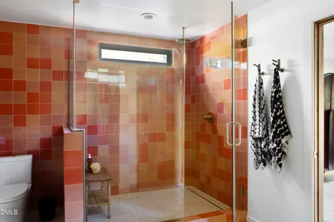 a bathroom with a shower and a toilet