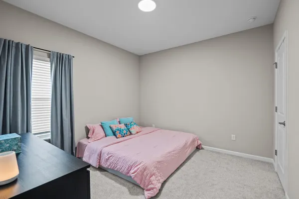 a bedroom with a bed and a chandelier fan