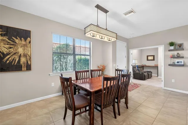 a view of a dining room with furniture window and outside view
