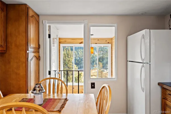 a view of a dining room with furniture window and outside view