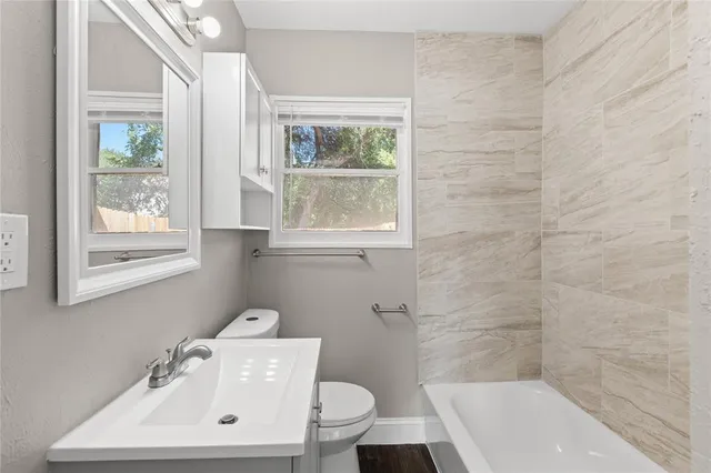 a bathroom with a sink a toilet and a bathtub