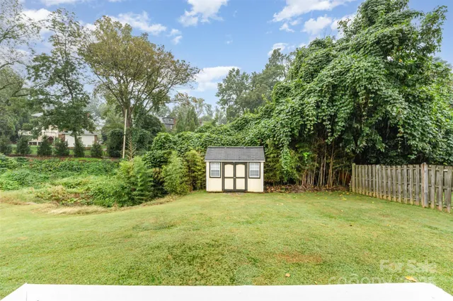 a view of a big yard with large trees and plants