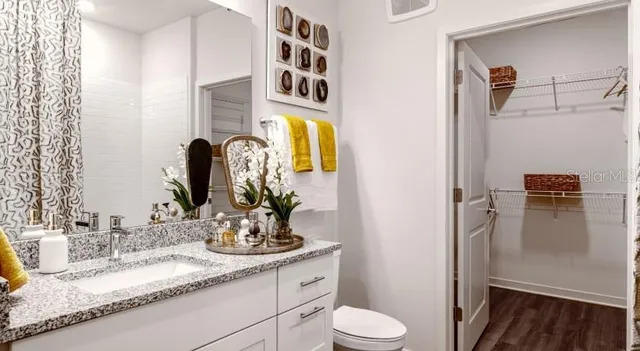 a bathroom with a granite countertop sink and a mirror