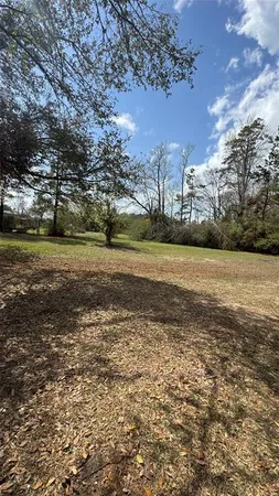 a view of a field with an trees in the background