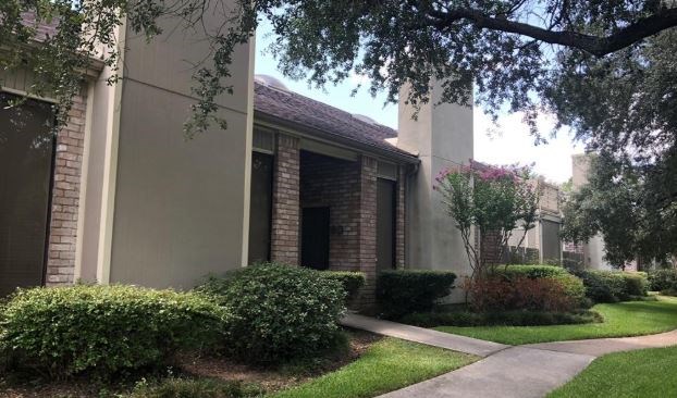 a view of a house with a yard and potted plants