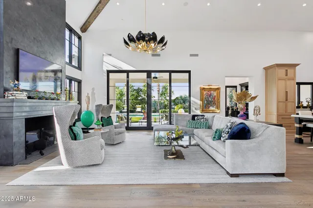 a living room with furniture a fireplace and a potted plant