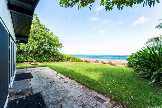 a view of a yard with potted plants