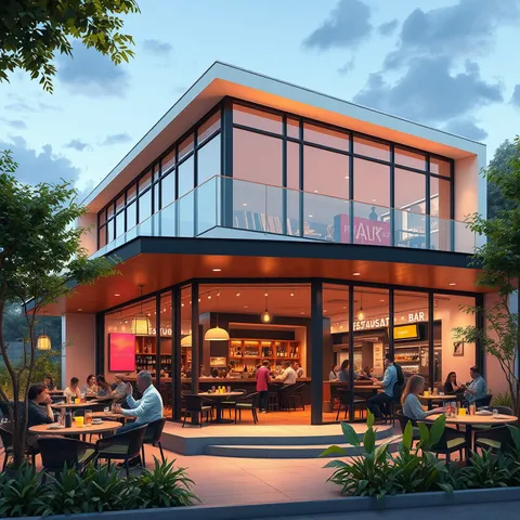 a view of building with large windows and outdoor seating