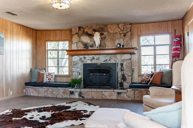 a living room with furniture and a fireplace