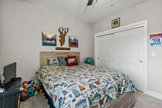 a bedroom with a bed and a flat tv screen on the dresser