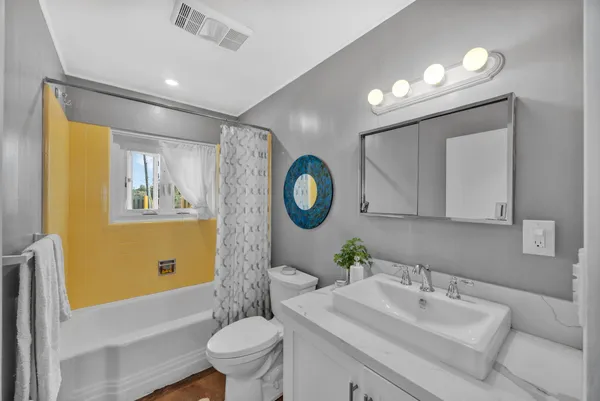 a bathroom with a sink mirror vanity and toilet