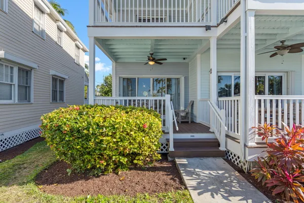 a view of a yard with plants and a fountain