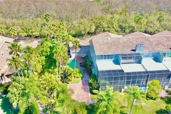 an aerial view of a house with a yard and large trees