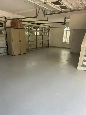 a view of a garage with storage
