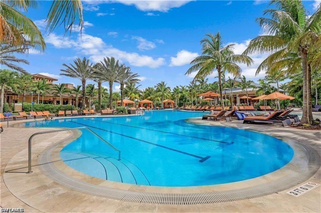 9673 Montelanico Loop, Unit 202 Naples, FL 34119 - Photo 34 of 46 a view of a swimming pool with a lounge chair and palm trees
