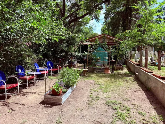 an outdoor space with furniture