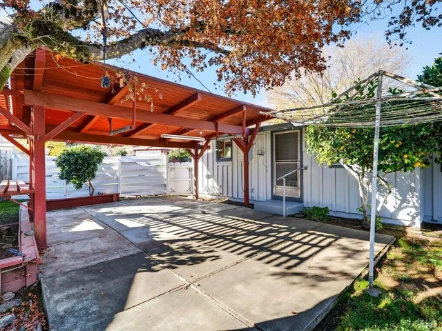 a view of a backyard with large tree