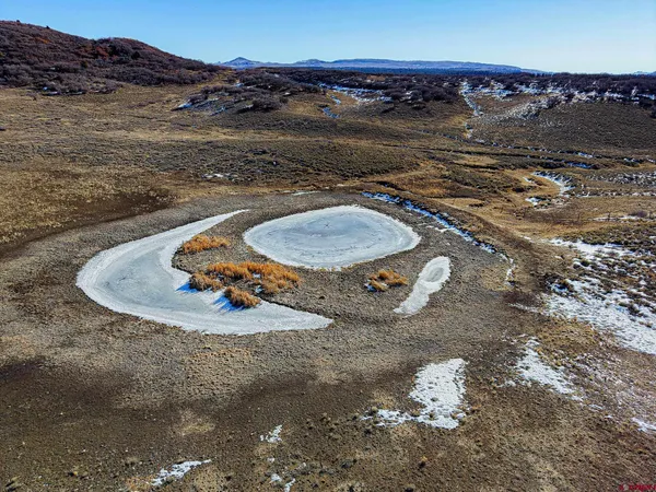 a view of a dry yard with mountains in the background