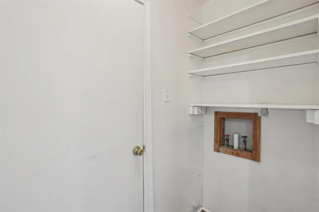 a hallway with closet and a potted plant on it