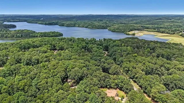 an aerial view of residential houses with outdoor space and river