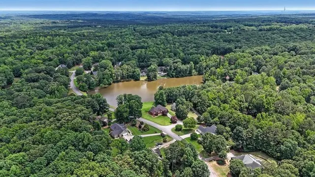 a view of a lush green forest with houses and lake view