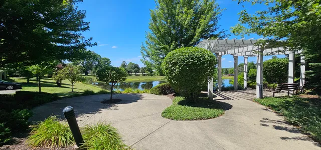 a view of a garden with a fountain