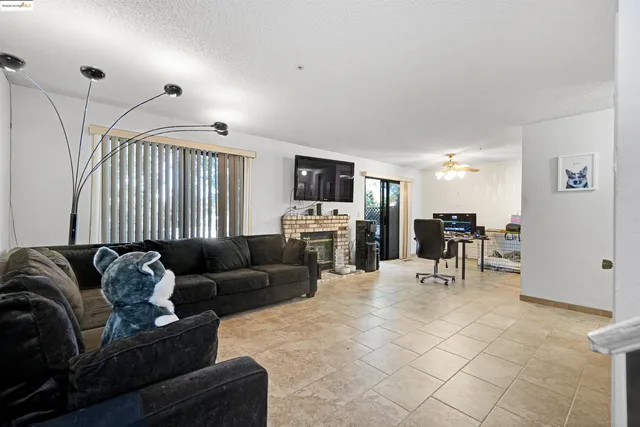 a living room with furniture a flat screen tv and a fireplace