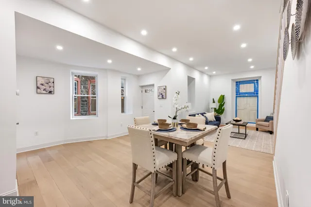 a view of a dining room with furniture