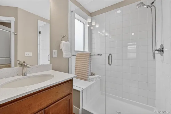 a bathroom with a sink a shower and a mirror
