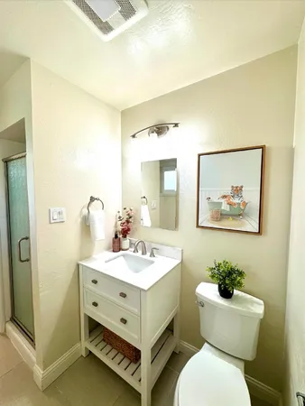 a bathroom with a sink mirror and toilet