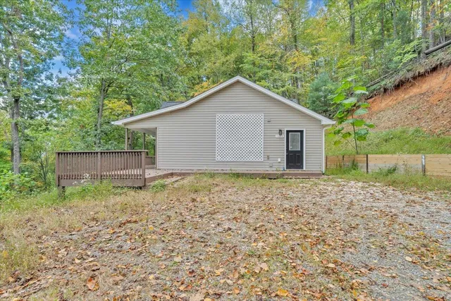 a backyard of a house with plants and large tree